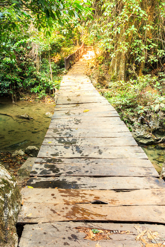 Wooden pathway over  waterfall in forest.