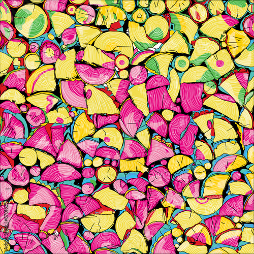 Pile of wood logs colorful cartooning, doodling.