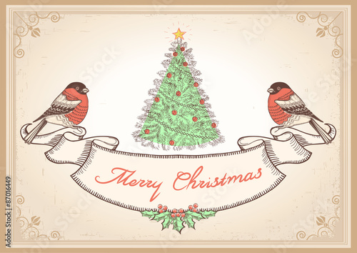 Vintage Christmas card with bullfinches.Vector illustration