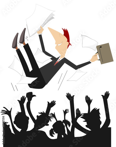 Happy people toss up a man with papers and bag