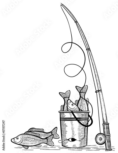 Fishing rod and fishes.Vector black drawing illustration
