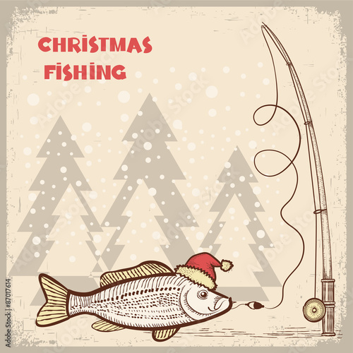 Christmas fishing card with fish in red Santa hat.Vector drawing