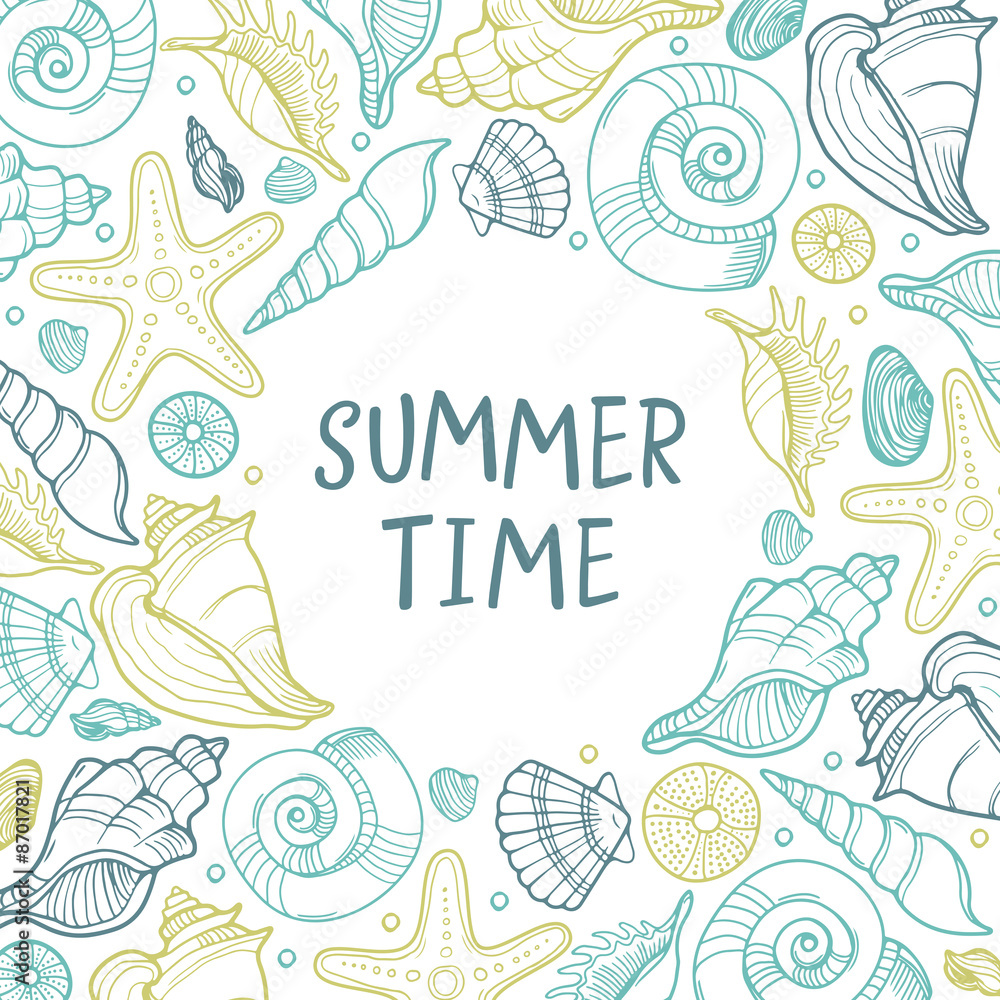 Abstract vector summer background. Seashell round design element. Banner with seashells and starfishes. 