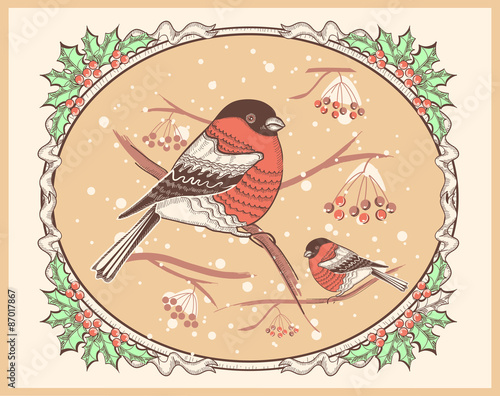 Christmas vintage card with bullfinches and snow