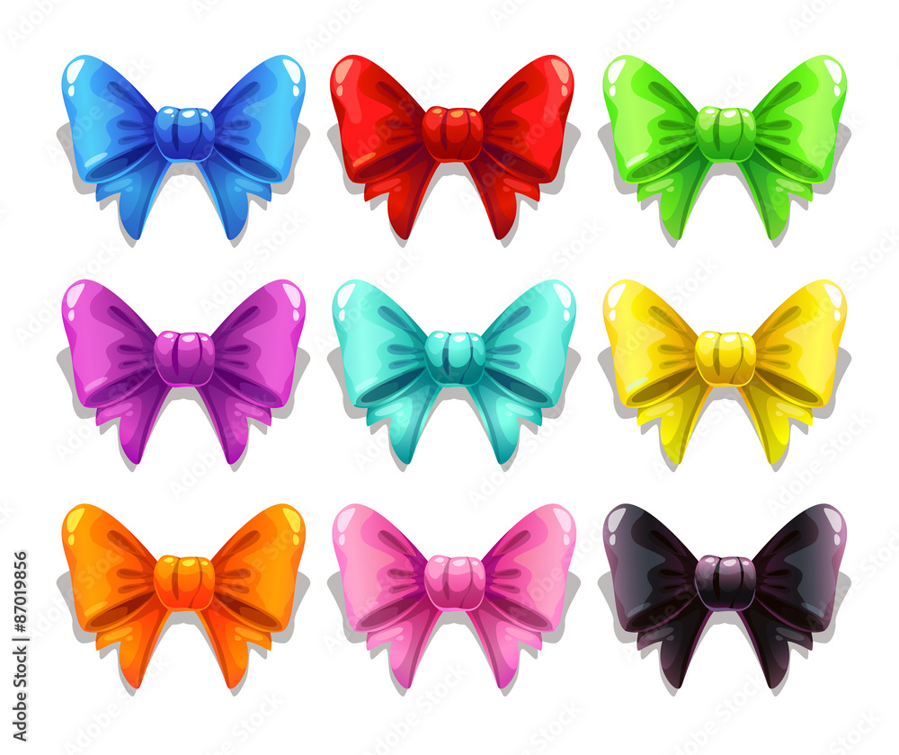 Cute cartoon colorful bows set, isolated on white, vector
