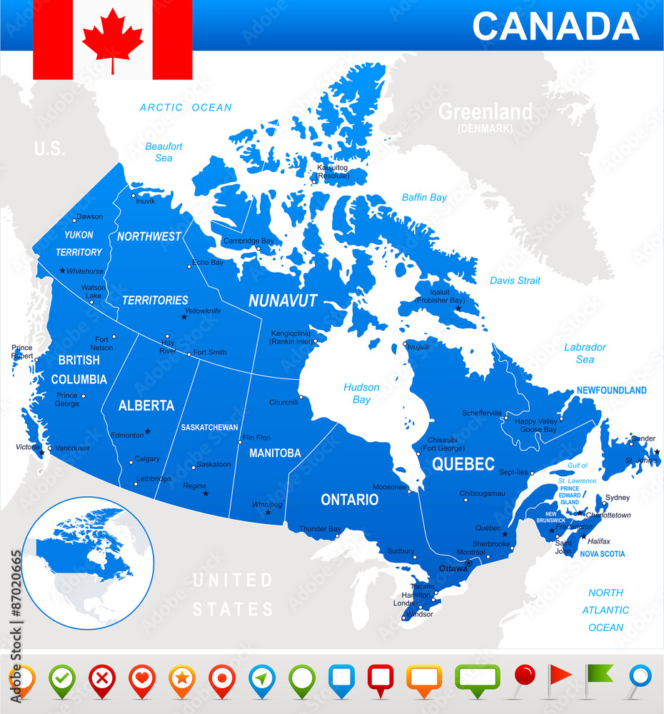 Canada map, flag and navigation icons. Image contains next layers. There  are land contours, country and land names, city names, water object names,  flag, navigation icons. Stock Vector | Adobe Stock