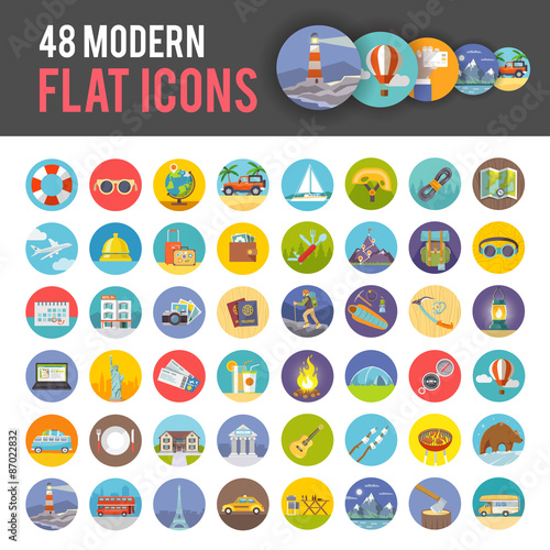 Big set of modern colorful flat vector icons on the themes: travelling, vacations, climbing, camping. All items are created with love especially for your amazing projects.
