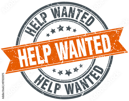 help wanted round orange grungy vintage isolated stamp