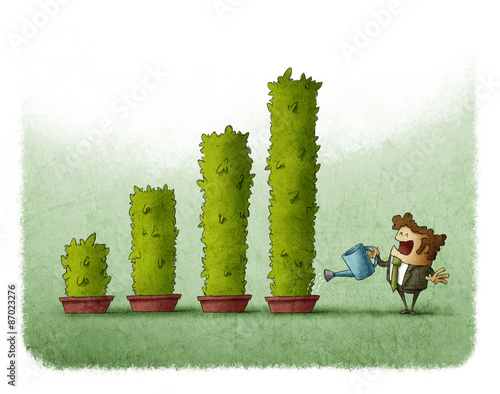 Business man watering plants grow as a bar graph
