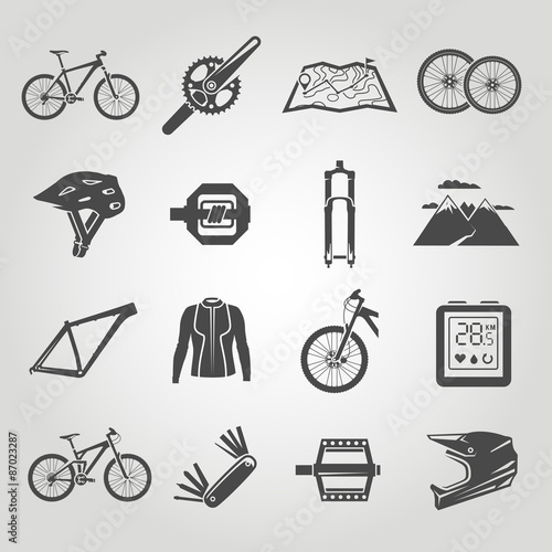 Simple black icons set. Mountain bike. Set 4