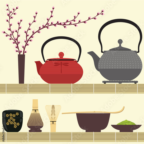 Matcha tea time with accessories on bamboo mat