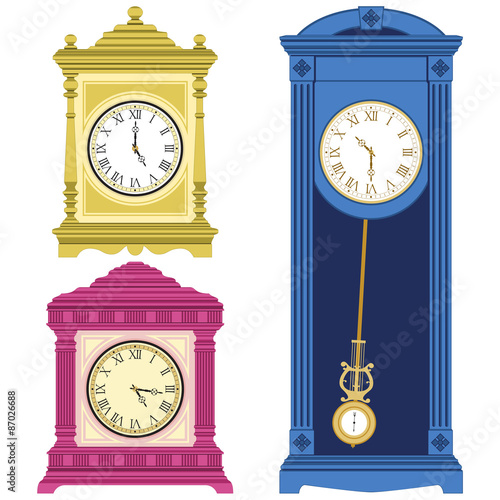 Set of old style clocks isolated on white background