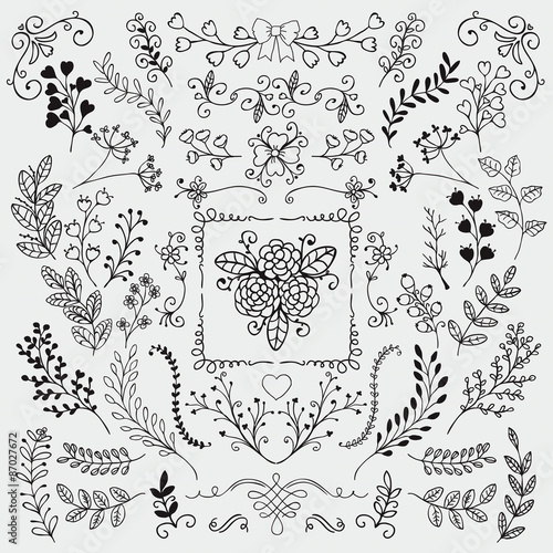 Vector Hand Sketched Rustic Floral Doodle Branches