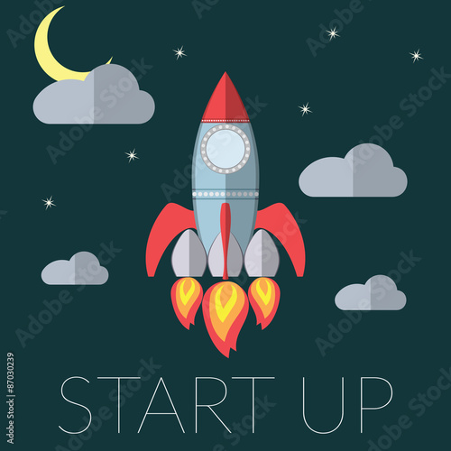 Flat design modern vector illustration of a rocket concept for new business project startup, launching new innovation product, creative start on market