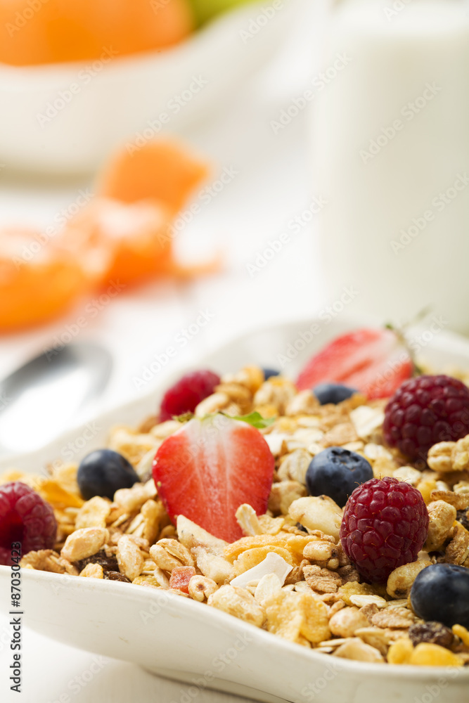 Light, delicious breakfast with cereal and fruit. Light, delicious breakfast with cereal and fruit.