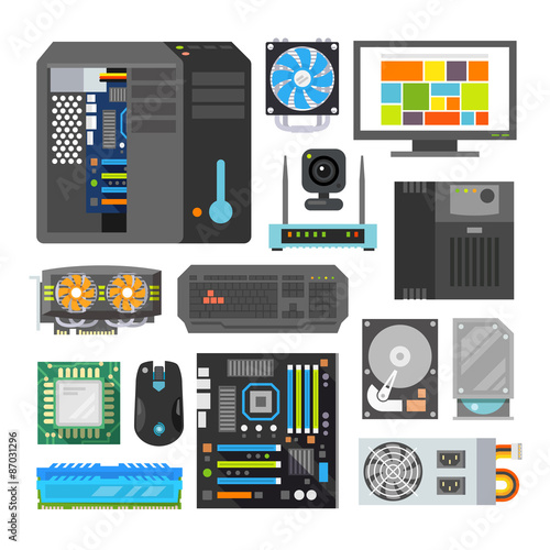Modern flat icons set. PC components. Computer store. Assembling a Desktop Computer.