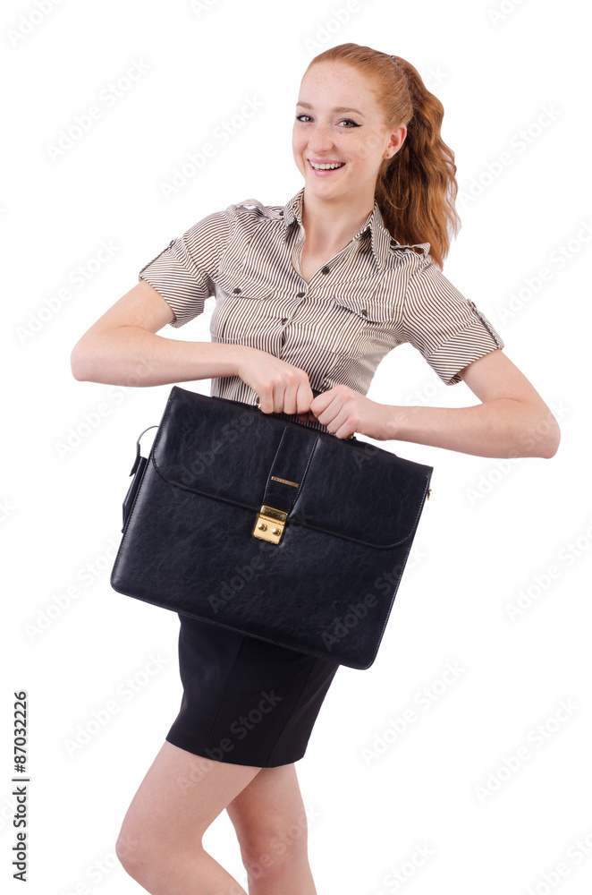 Pretty young employee with briefcase isolated on white Pretty young employee with briefcase isolated on white