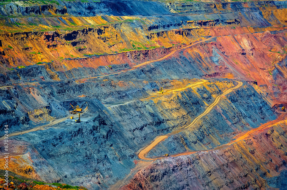 Open-pit Development of Iron Ore Mining. Truck Quarry Industry Geology Ferric Excavator 