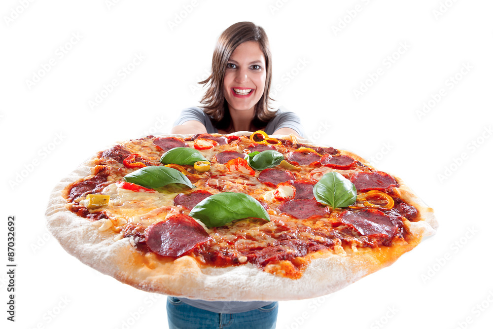 Frau mit riesen Pizza Nahaufnahme Frau mit riesen Pizza Nahaufnahme