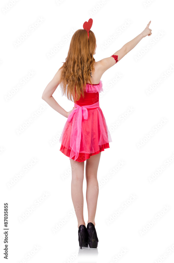 Pretty young model in mini pink dress isolated on white Pretty young model in mini pink dress isolated on white