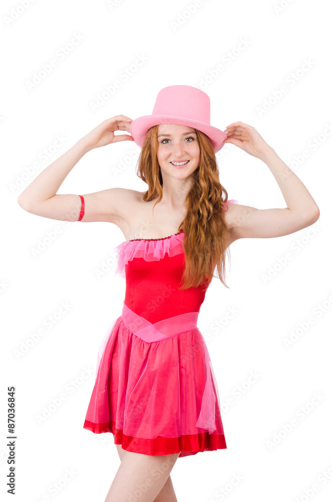 Pretty young wizard in mini pink dress isolated on white Pretty young wizard in mini pink dress isolated on white