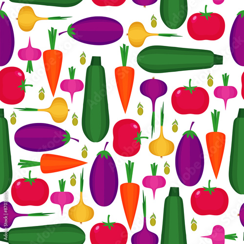 Seamless pattern with tomato, eggplant, carrot, onion, zucchini, paprika, olive . Cute vector vegetables background. Bright summer food illustration. Vegetable mix card.
