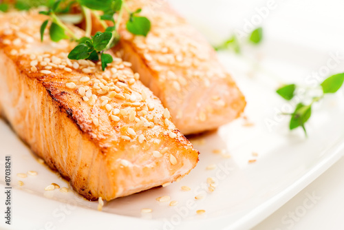 Grilled salmon on white plate macro
