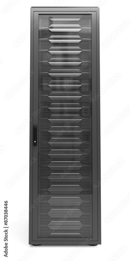 Network server racks in server cabinet isolated on white. Network server racks in server cabinet isolated on white.