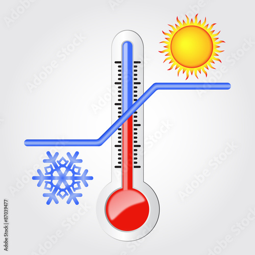 Thermometer with high and low temperatures. Sun and snowflake. Bright colors. Vector Image.