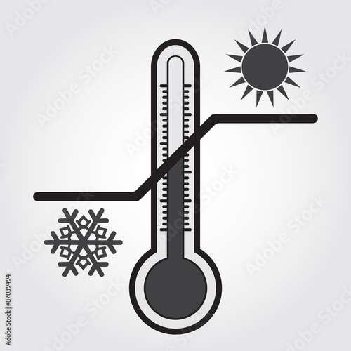 Thermometer with high and low temperatures. Sun and snowflake. Black and white illustration. Vector Image.