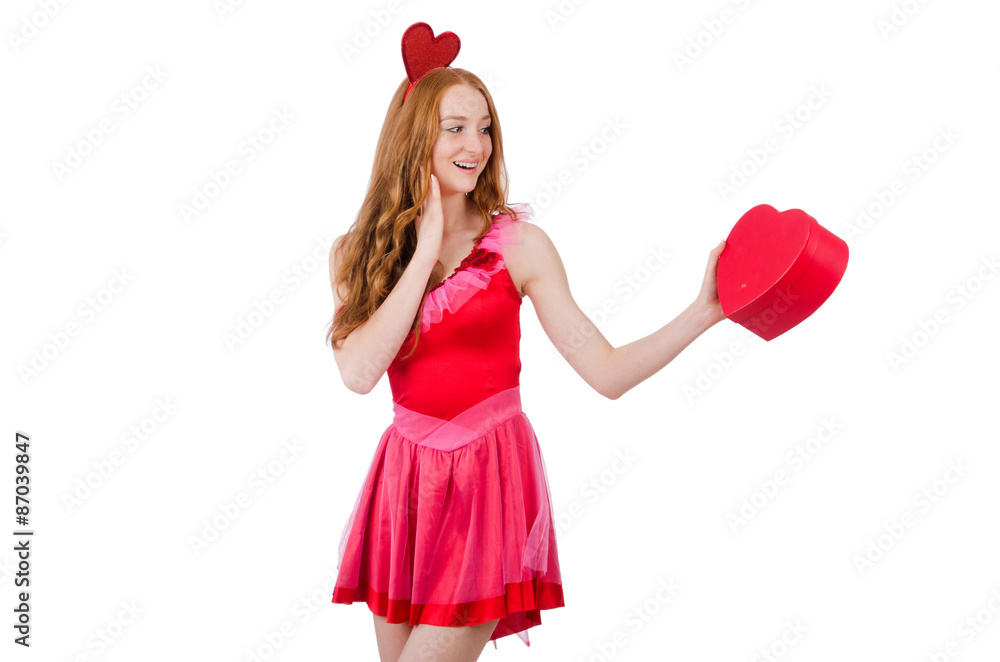 Pretty young model in mini pink dress holding gift box isolated Pretty young model in mini pink dress holding gift box isolated