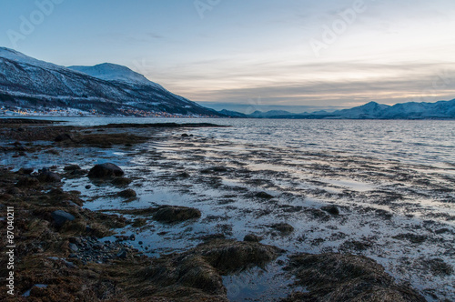 Coast of Tromso city in Tromsoya Island under the Midnight Sun