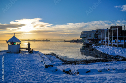 Park and coast near Fram Museum in Oslo in winter