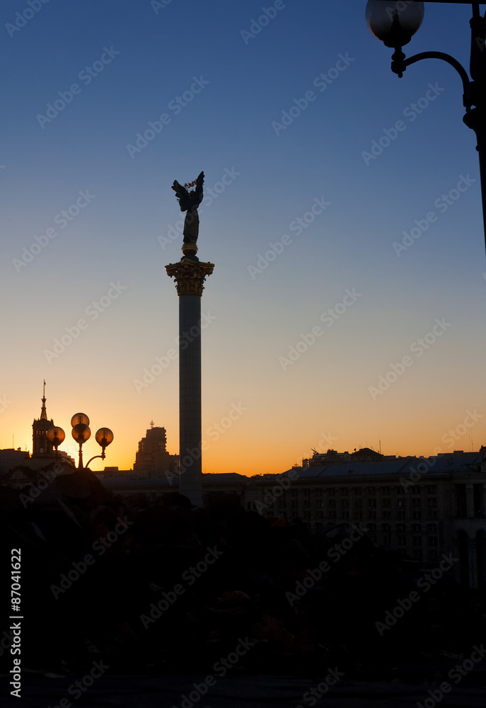 Independence Monument on Independence Square at sunset. Kiev, Uk