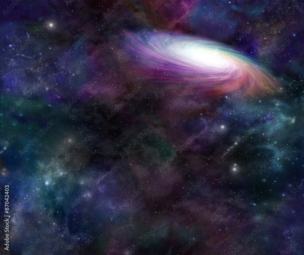 Fototapeta premium Rotating Galaxy in Deep Space - Rainbow colored rotating galactic mass on a detailed multi colored deep space background with plenty of copy space