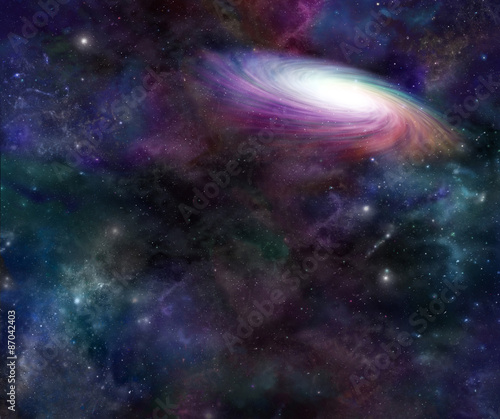 Fototapeta Naklejka Na Ścianę i Meble -  Rotating Galaxy in Deep Space - Rainbow colored rotating galactic mass on a detailed multi colored deep space background with plenty of copy space