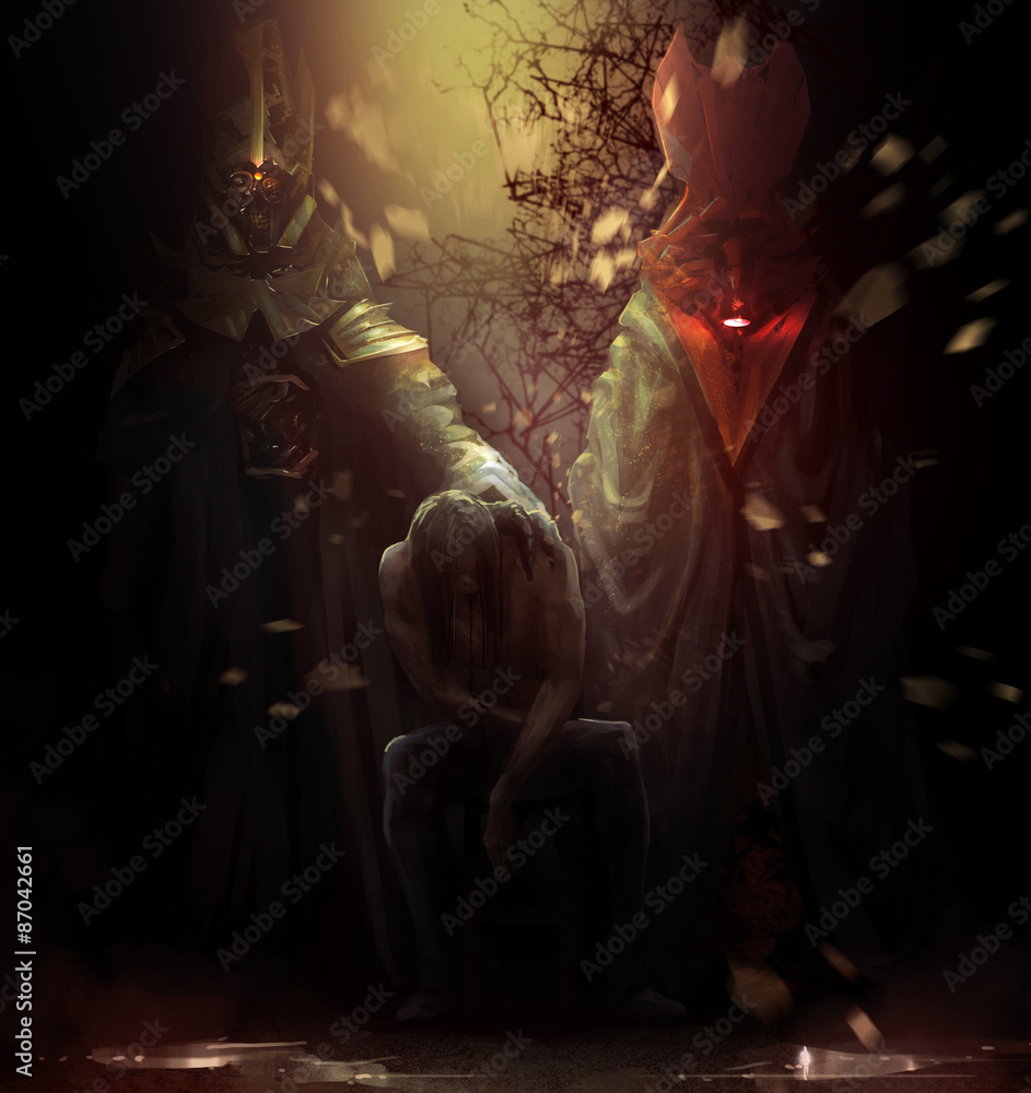 Possessed man with demons. Possessed man sitting on a chair with tall crimson and golden demons behind him illustration.