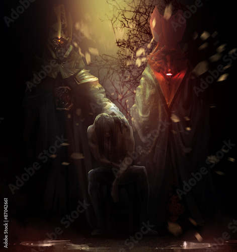 Possessed man with demons. Possessed man sitting on a chair with tall crimson and golden demons behind him illustration. © breakermaximus
