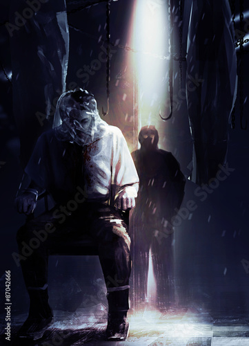 Horror artwork of  silent assassin criminal standing in shadows with his victim tied to a chair. photo