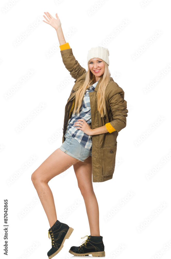 Pretty woman in jeans shorts isolated on white Pretty woman in jeans shorts isolated on white
