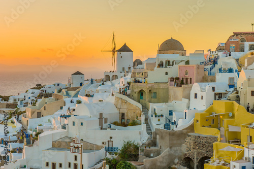 Beautiful city at sunset Santorini Island Greece