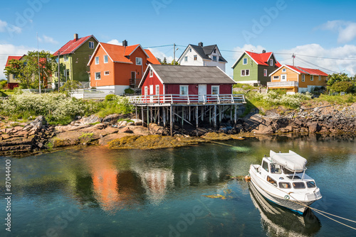 Fishing village Henningsvaer in Lofoten islands, Norway with typical colorful wooden buildings