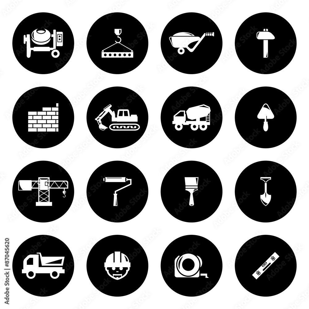 Vector white mining icons set on black background