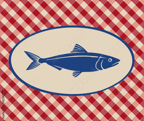 Vintage illustration of sardine over Italian tablecloth background