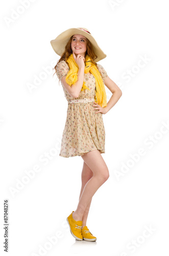 Pretty red hair girl in summer dress isolated on white