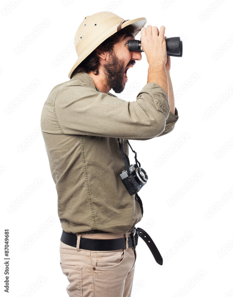proud explorer man with binoculars - obrazy, fototapety, plakaty 