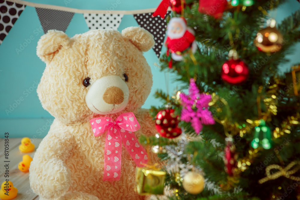 Christmas composition with toy bear