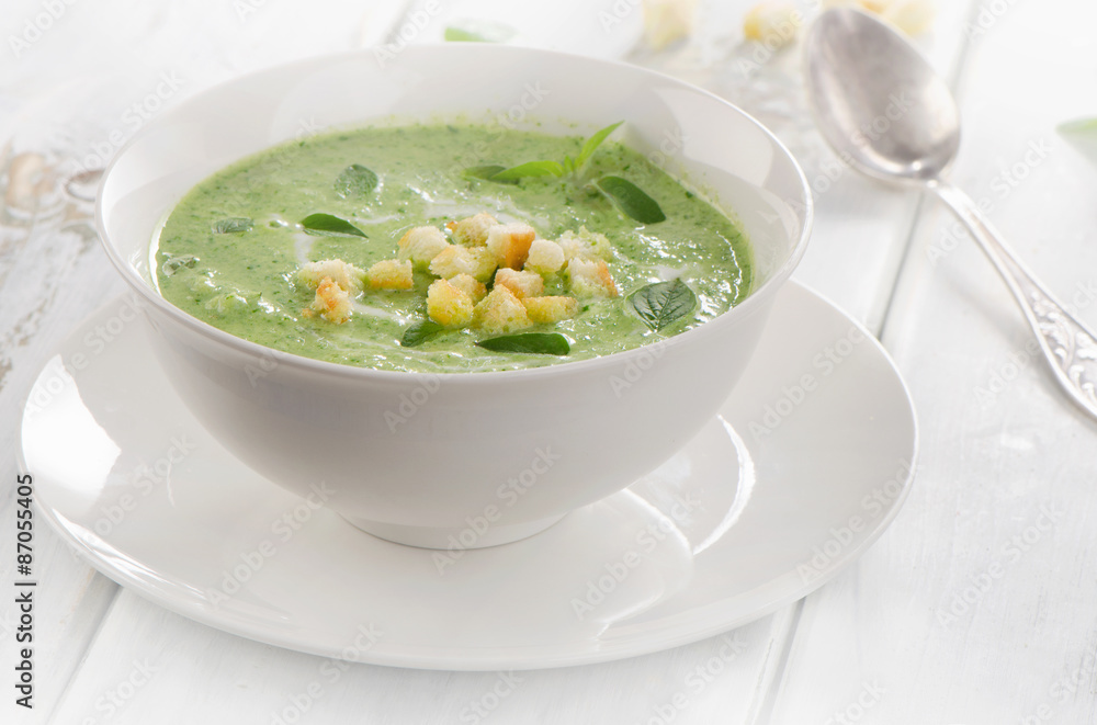 Creamy soup with croutons . Creamy soup with croutons .