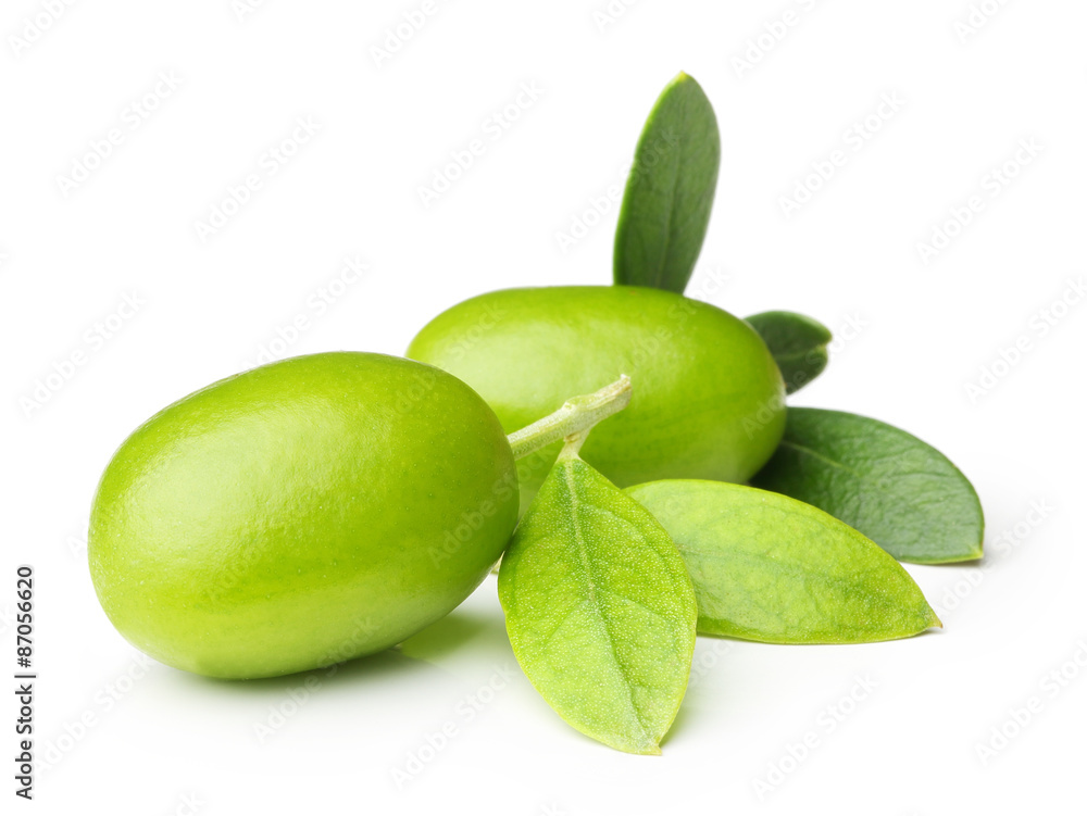 Green olives with leaves Green olives with leaves