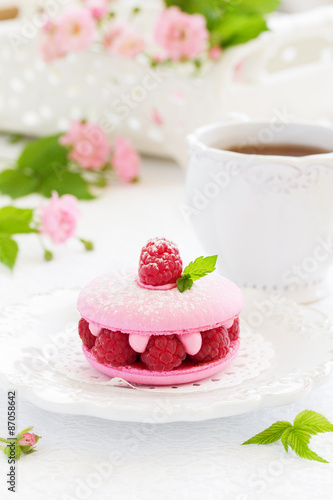 French makarons cake with raspberries.